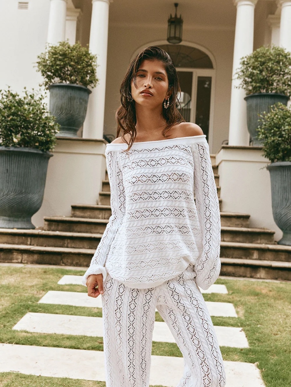 Off-Shoulder White Lace Knit Sweater sabo skirt  sz 4